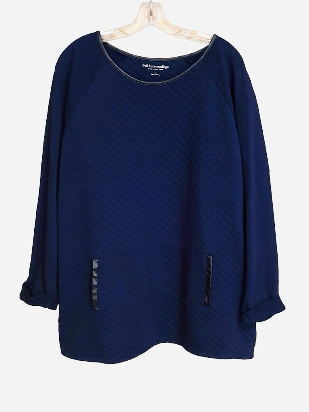 Soft Surroundings Navy Quilted Long-Sleeve Tunic with Black Faux-Leather Trim